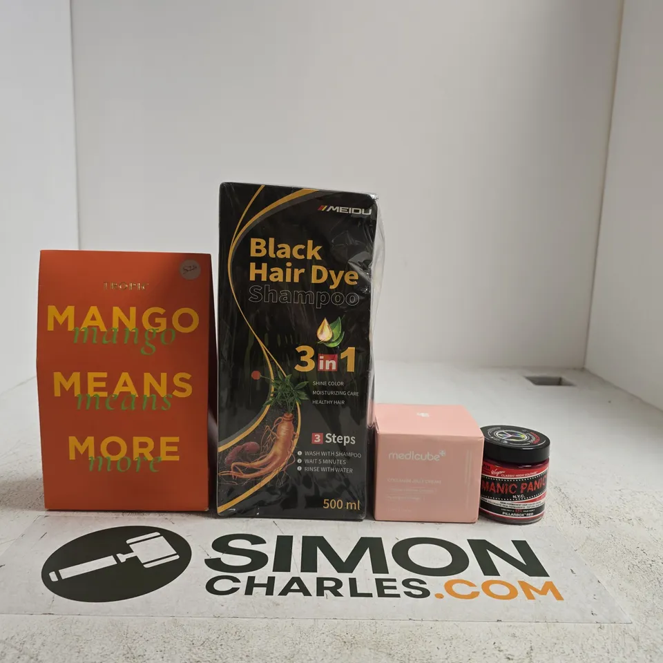 TOTE OF APPROXIMATELY 10 ASSORTED BEAUTY ITEMS INCLUDING MANIC PANIC SEMI-PERMANENT HAIR COLOUR CREAM, MEDICUBE COLLAGEN JELLY CREAM AND MEIDU BLACK HAIR DYE SHAMPOO