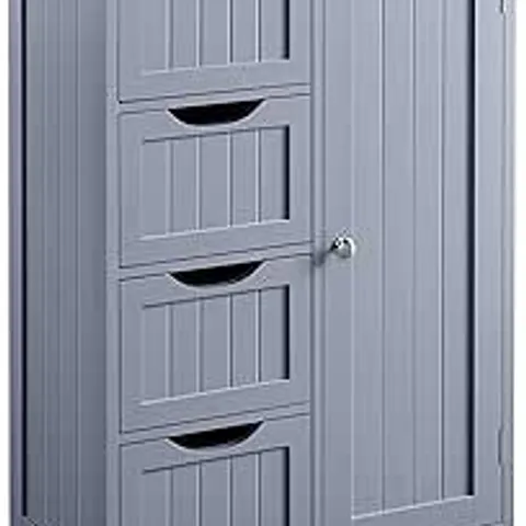 BOXED YAHEETECH BATHROOM FLOOR CABINET CUPBOARD FREE STANDING WOODEN CABINET STORAGE UNIT WITH 4 DRAWERS & 1 DOOR, ADJUSTABLE SHELF, GREY