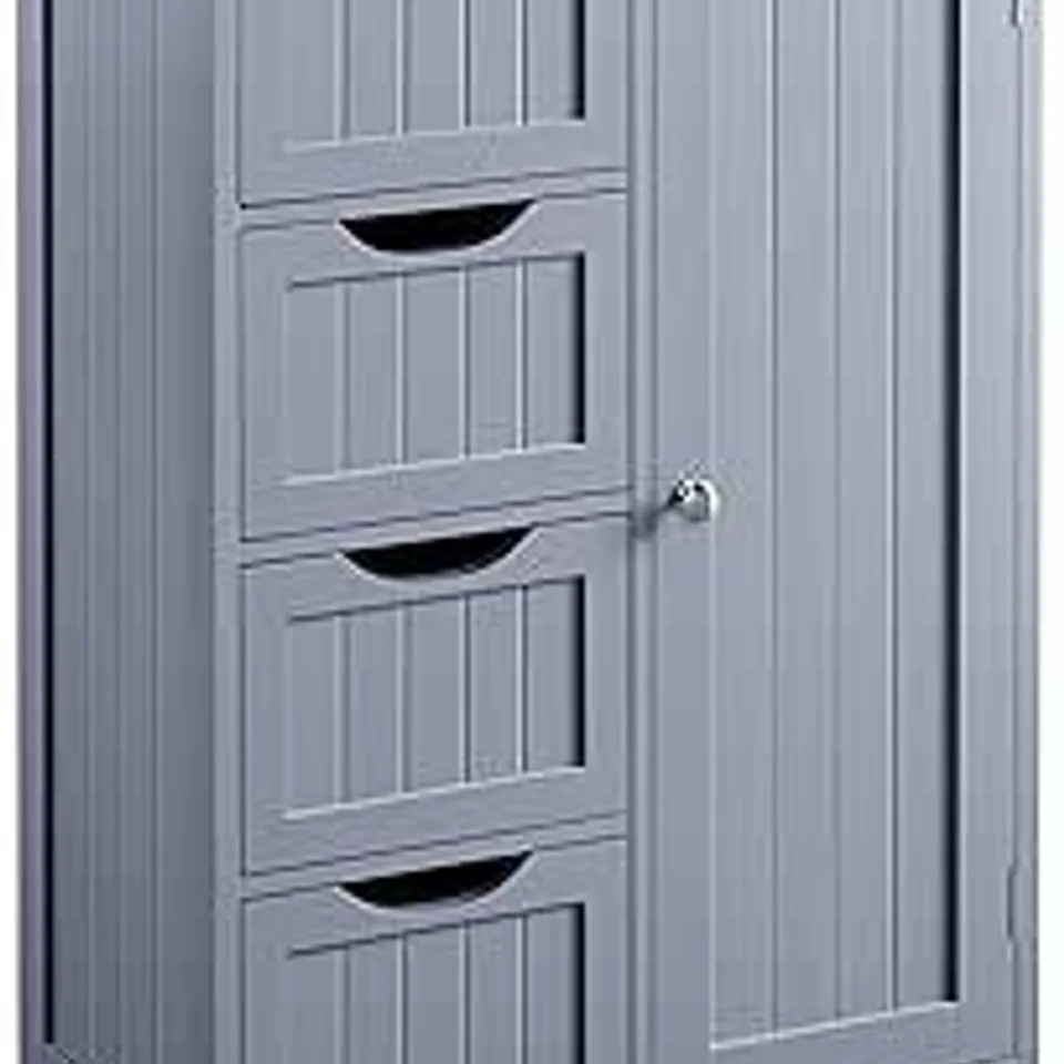 BOXED YAHEETECH BATHROOM FLOOR CABINET CUPBOARD FREE STANDING WOODEN CABINET STORAGE UNIT WITH 4 DRAWERS & 1 DOOR, ADJUSTABLE SHELF, GREY