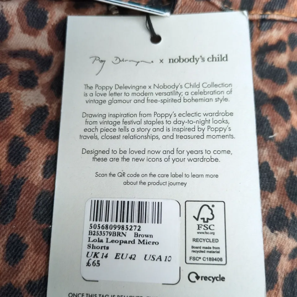 POPPY DELEVINGNE X NOBODY'S CHILD LOLA LEOPARD MICRO SHORTS – LEOPARD PRINT, UK 14