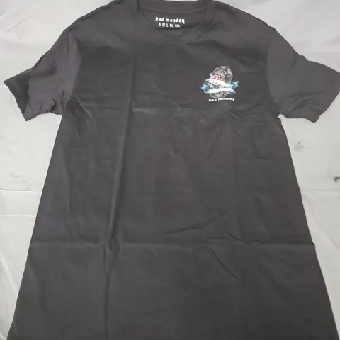 BAD MONDAY T-SHIRT – BLACK WITH COFFIN/ROSE BACK PRINT AND SMALL CHEST LOGO - MEDIUM