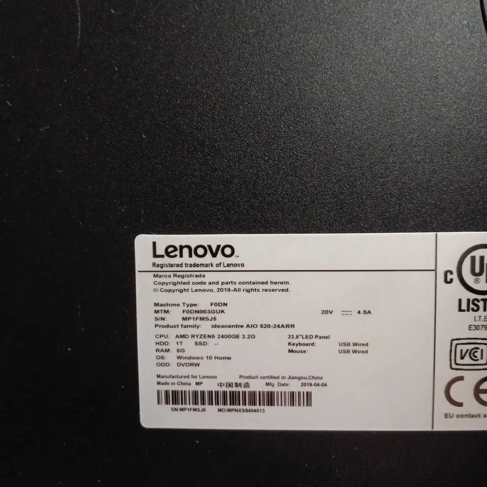 LENOVO IDEACENTRE AIO 520-24ARR ALL-IN-ONE PC, RYZEN 5, 8GB RAM, 1TB HDD, WINDOWS 10 HOME