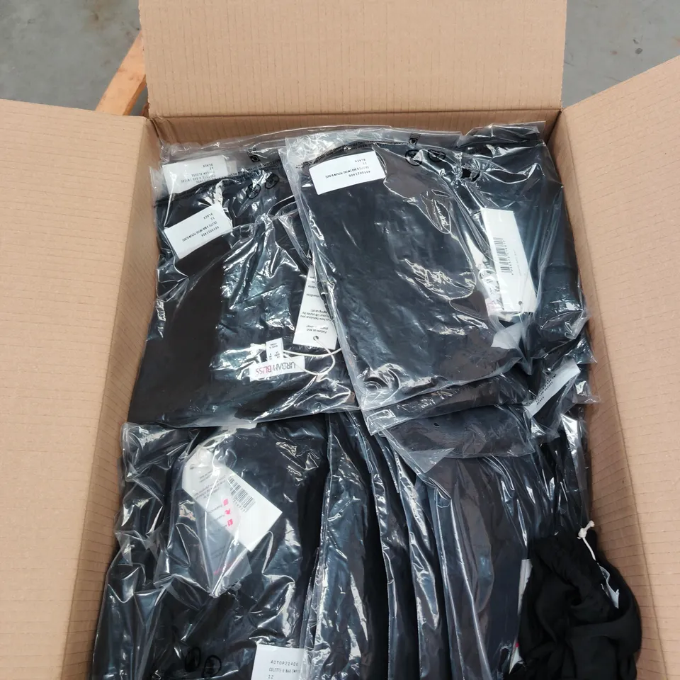 BOX OF APPROXIMATELY 80 URBAN BLISS WOMEN'S BLACK BLOUSE WITH PUFF SLEEVES AND RUFFLE HEM - SIZES 8 / 10 /12 