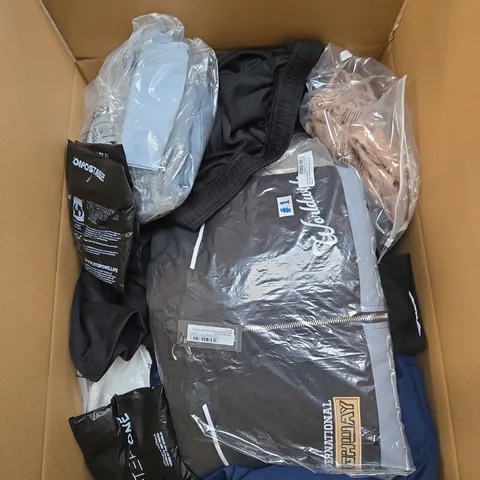 LARGE BOX OF ASSORTED CLOTHING ITEMS IN VARIOUS STYLES, SIZES AND COLOURS