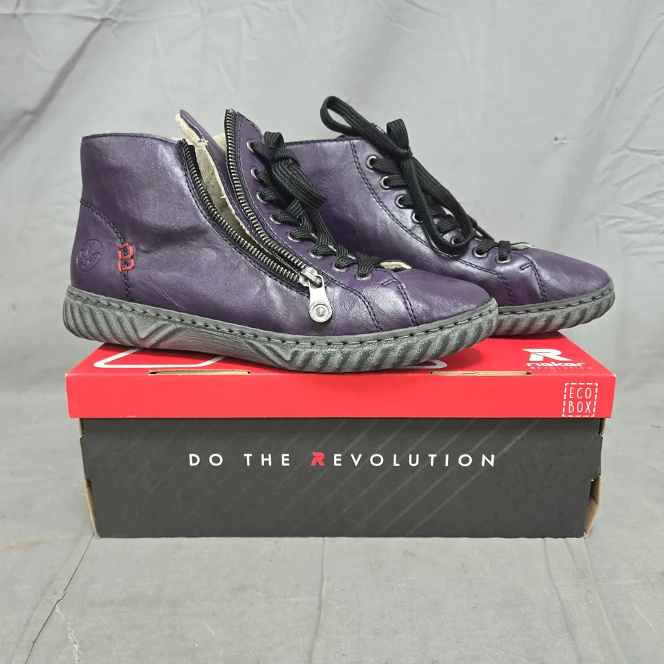 BOXED PAIR OF RIEKER SIDE ZIP SHOES IN PURPLE SIZE EU 41