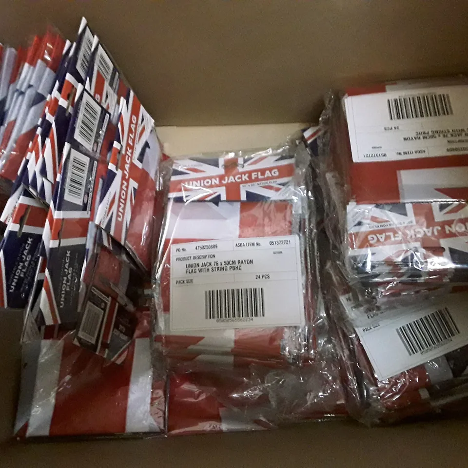 BOX OF APPROXIMATELY 6 PACKS EACH CONTAINING 24 BRAND NEW UNION JACK FLAGS 