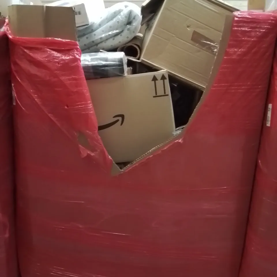PALLET CONTAINING VARIOUS ASSORTED BOXED HOUSEHOLD ITEMS TO INCLUDE: DOOR MATS, LARGE THROW, SHOE RACKS, SEAT CUSHION FOR PRESSURE MANAGEMENT AND LOTS MORE UNMARKED BOXED ITEMS 