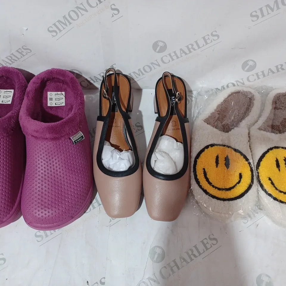 BOX OF APPROXIMATELY 20 ASSORTED PAIRS OF SHOES AND FOOTWEAR ITEMS IN VARIOUS STYLES AND SIZES TO INCLUDE M&S, TOWN & COUNTRY, ETC