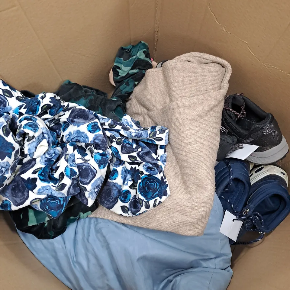BOX OF APPROXIMATELY 10 ASSORTED ITEMS TO INCLUDE SHOES, PJ BOTTOMS, TOPS ETC
