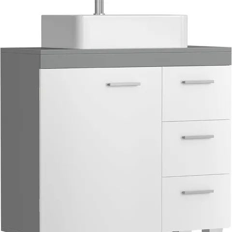 BOXED VASAGLE UNDER SINK BATHROOM CABINET, STORAGE CABINET, WITH 3 DRAWERS, 2 COMPARTMENTS BEHIND THE DOOR, FOR WASHBASINS WITH PEDESTAL, WITH FEET, 30 X 70 X 64 CM, CLOUD WHITE AND DOVE GREY