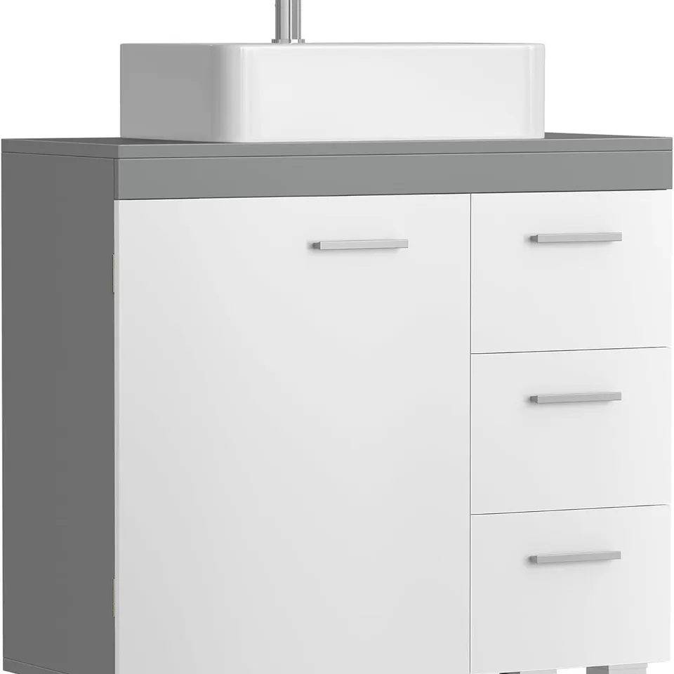 BOXED VASAGLE UNDER SINK BATHROOM CABINET, STORAGE CABINET, WITH 3 DRAWERS, 2 COMPARTMENTS BEHIND THE DOOR, FOR WASHBASINS WITH PEDESTAL, WITH FEET, 30 X 70 X 64 CM, CLOUD WHITE AND DOVE GREY