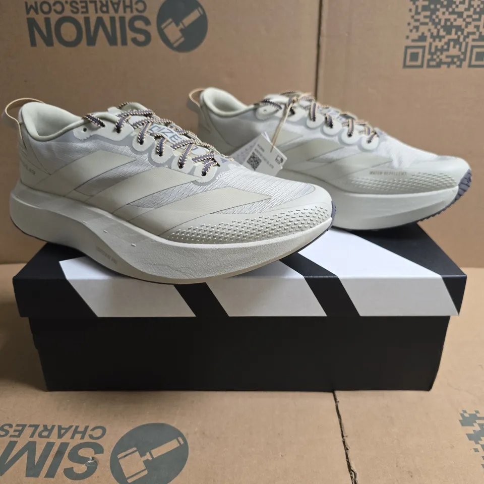 BOXED PAIR OF ADIDAS ADIZERO EVO SLATR TRAINERS IN LIGHT TAUPE SIZE UK 10