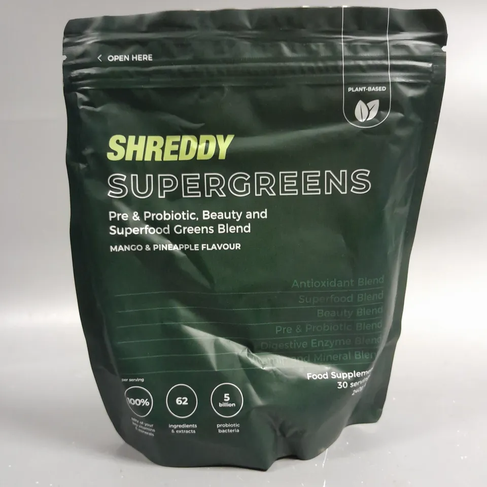 SEALED SHREDDY SUPERGREENS PRE & PROBIOTIC FOOD SUPPLEMENT - MANGO & PINEAPPLE - 240G