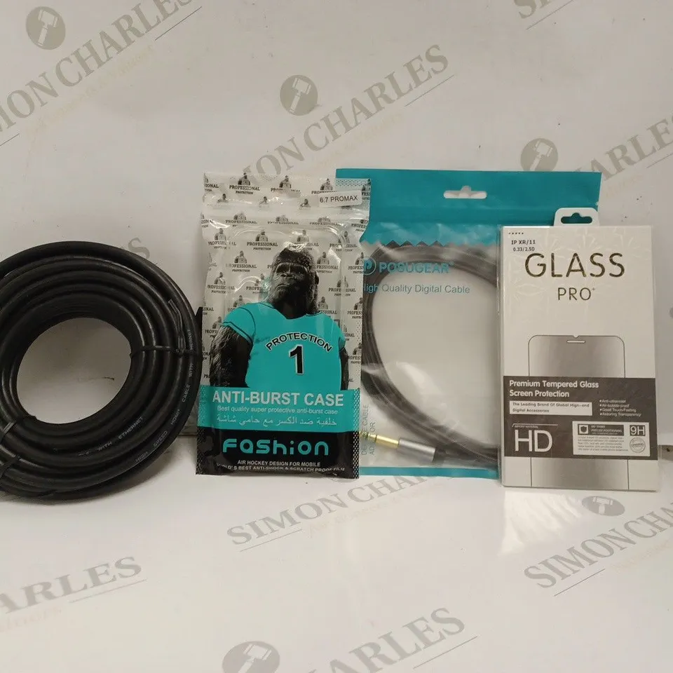 BOX OF APPROX 20 ASSORTED ITEMS TO INCLUDE VARIOUS SCREEN PROTECTORS, POSUGEAR DIGITAL CABLE, VARIOUS PHONE CASES IN DIFFERENT SIZES AND DESIGNS, ETC. 