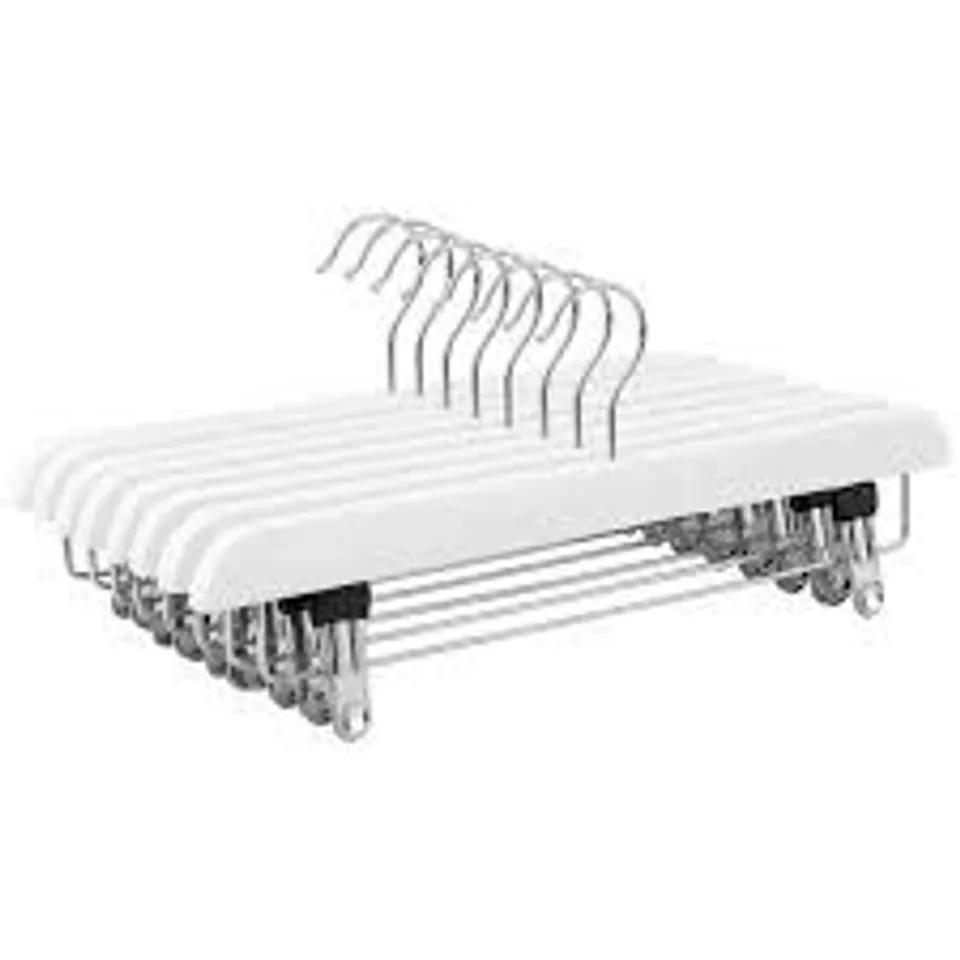 BOXED SONGMICS CRW008WT-8 PACK OF 8 TROUSER AND SKIRT CLIP HANGERS WITH SWIVEL HOOK AND ADJUSTABLE CLIPS, 14" LENGTH, WHITE