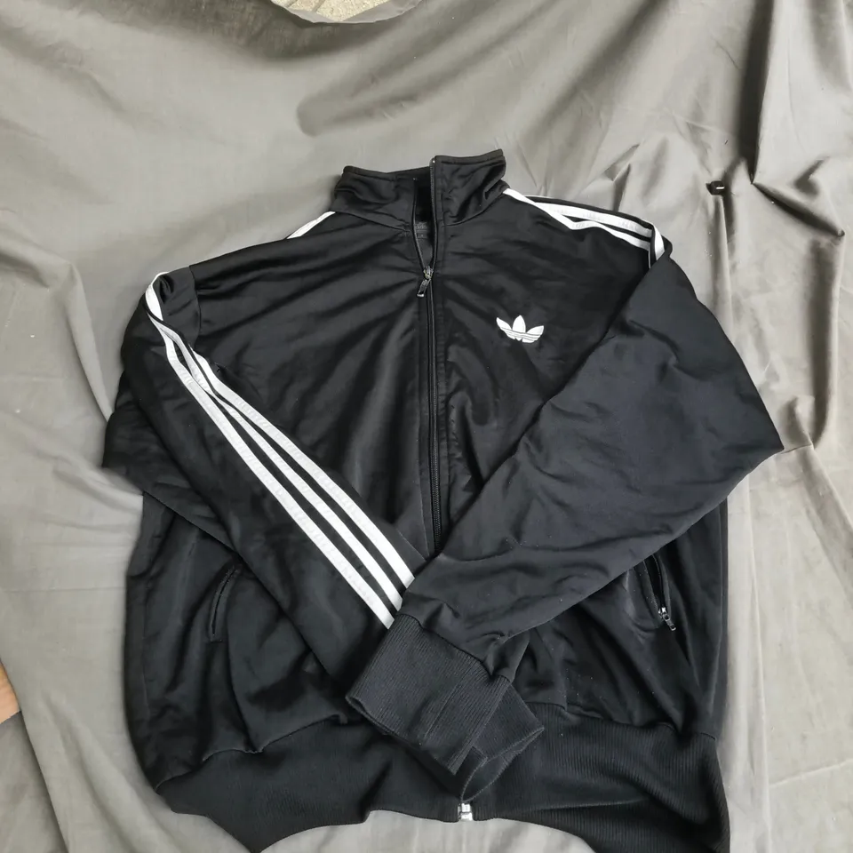 ADIDAS TRACK JACKET – BLACK WITH WHITE STRIPES, SIZE L