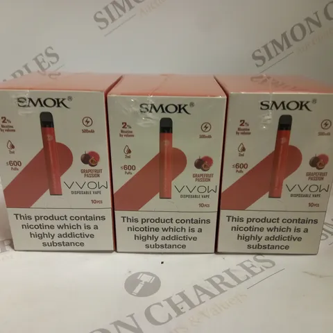 3 X BOXED & SEALED (10 DISPOSABLES PER BOX) SMOK DISPOSABLE VAPES - GRAPEFRUIT PASSION