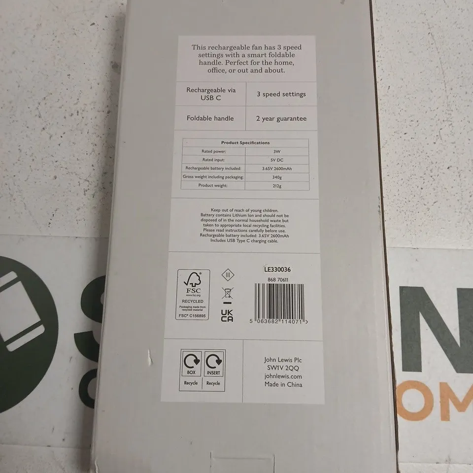 JOHN LEWIS 4" RECHARGEABLE HANDHELD FAN – USB-C, FOLDABLE HANDLE, BOXED