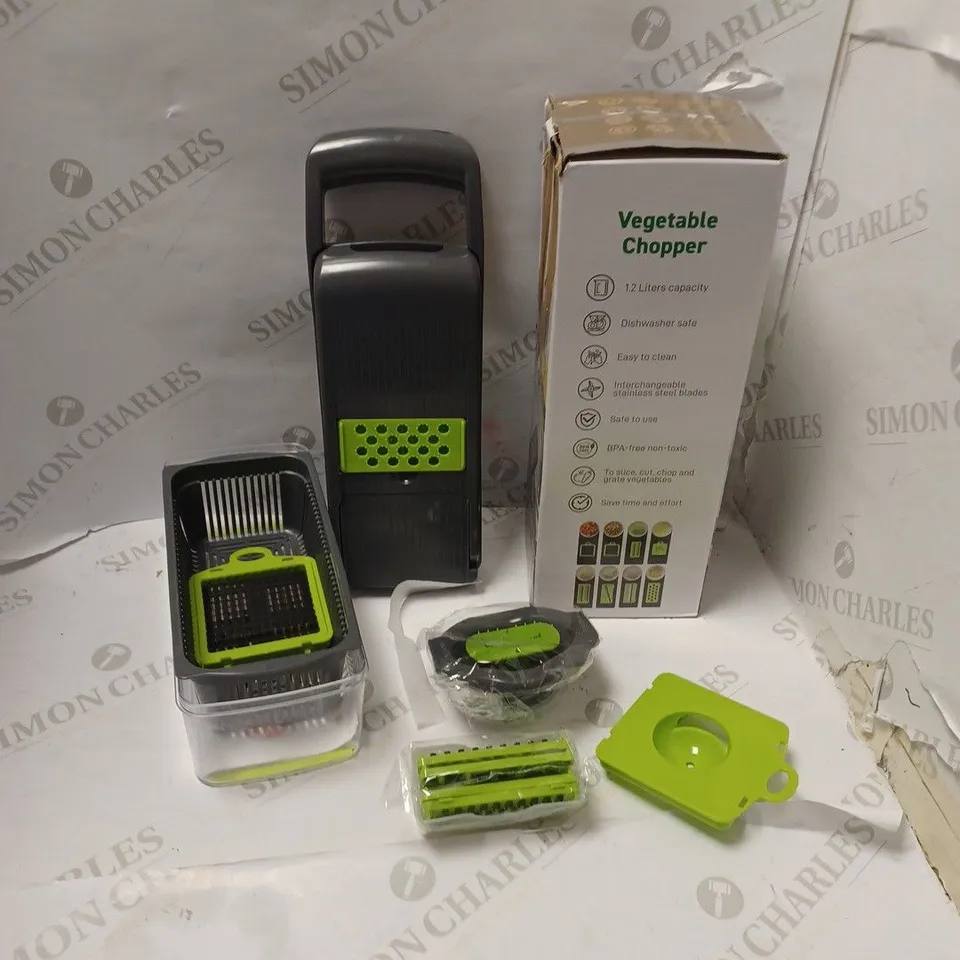 BOXED MULTIFUNCTION VEGETABLE CHOPPER WITH ATTACHMENTS AND INSTRUCTIONS