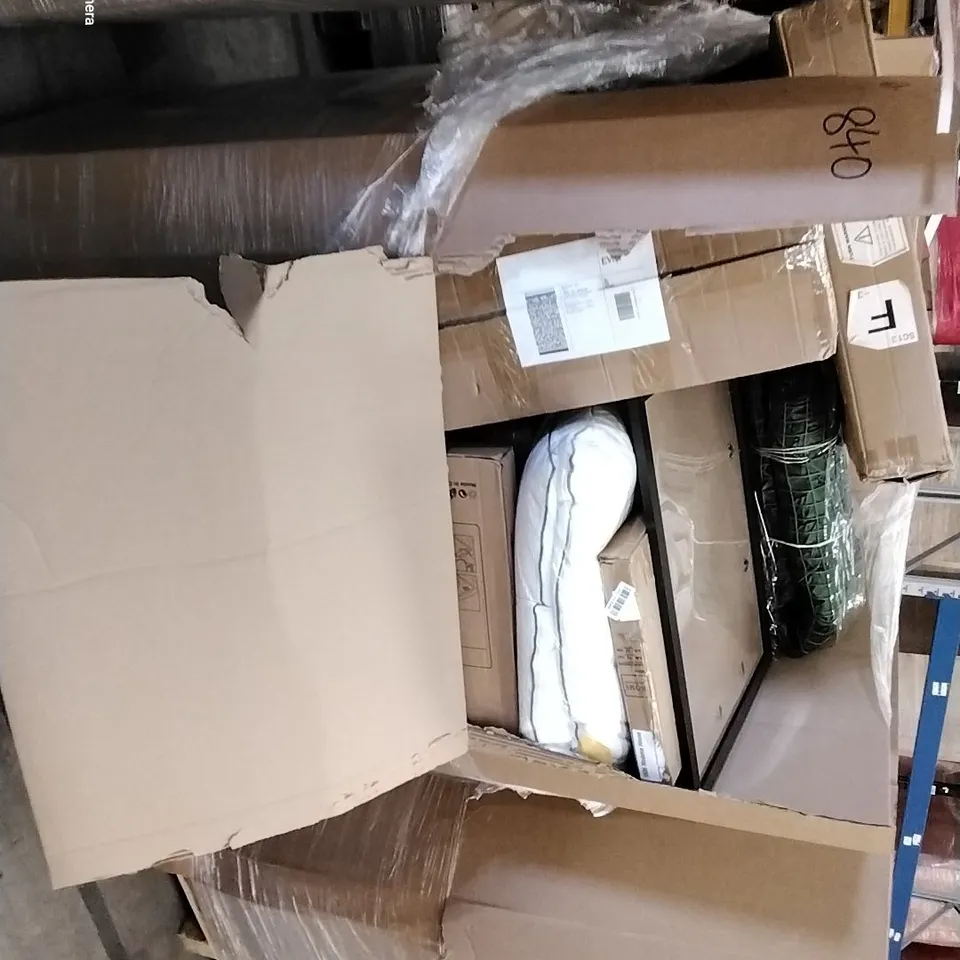 PALLET OF ASSORTED HOUSEHOLD ITEMS TO INCLUDE THERMOSTATIC SHOWER, OFFICE CHAIR AND PILLOWS