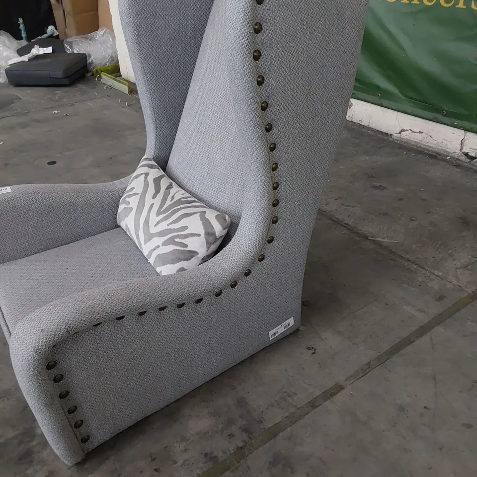 DESIGNER HIGH BACKED WINGED NIGHT PORTERS CHAIR GREY FABRIC WITH STUDDED DETAIL 