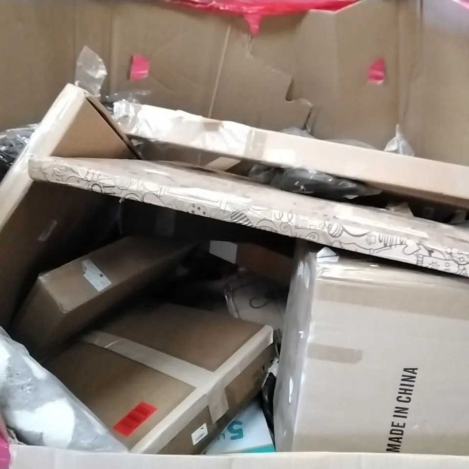PALLET OF ASSORTED ITEMS TO INCLUDE: CRUA MONITOR COMPUTER, FOLDABLE PET GATE, PVC PRIVACY FENCE, BABY PLAY GYMS ECT
