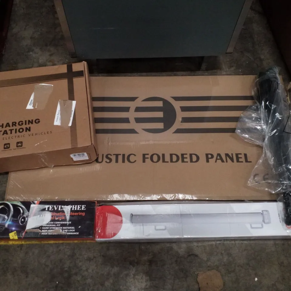 PALLET CONTAINING ASSORTED PRODUCTS INCLUDING CHARGING STATION, ACOUSTIC FOLDED PANEL, CAMPING STOOL, COMBINATION STEERING WHEEL LOCK & RETRACTABLE  SAFTEY GATE