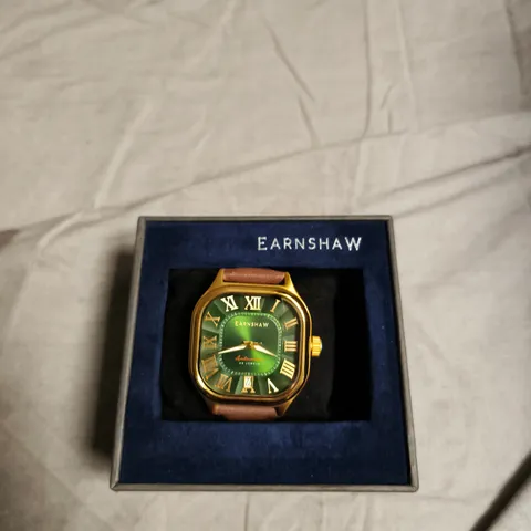 EARNSHAW WRISTWATCH β GREEN DIAL, GOLD-TONE CASE, BROWN LEATHER STRAP