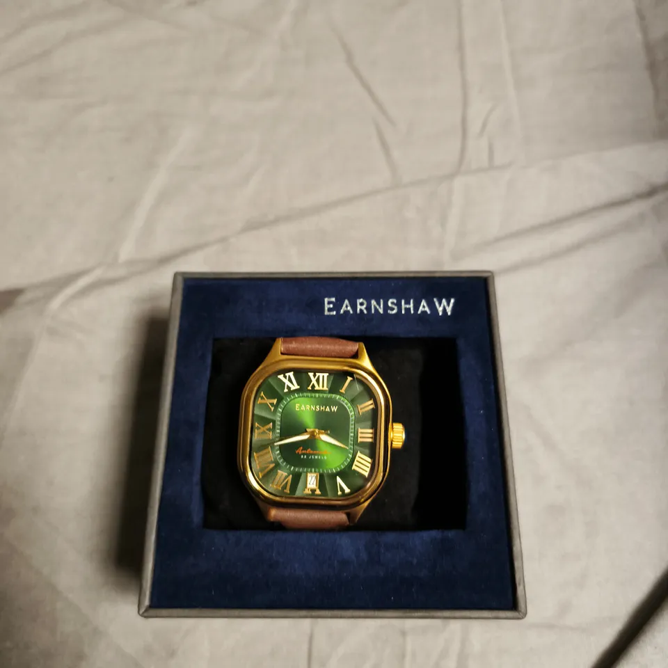 EARNSHAW WRISTWATCH – GREEN DIAL, GOLD-TONE CASE, BROWN LEATHER STRAP 
