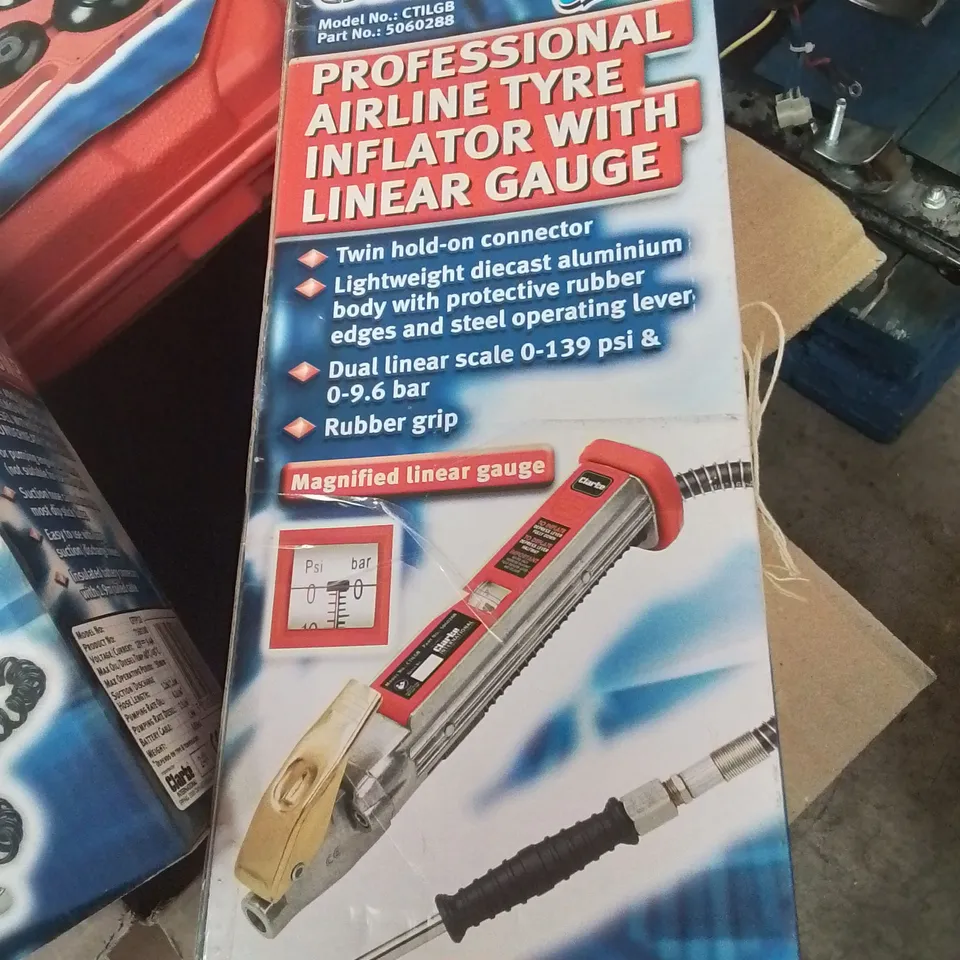 MIXED BOX OF TOOLS TO INCLUDE: CLARKE OIL FILTER CAP WRENCH SET, PROFESSIONAL AIRLINE TYRE INFLATOR AND 12V OIL AND DIESEL PUMP