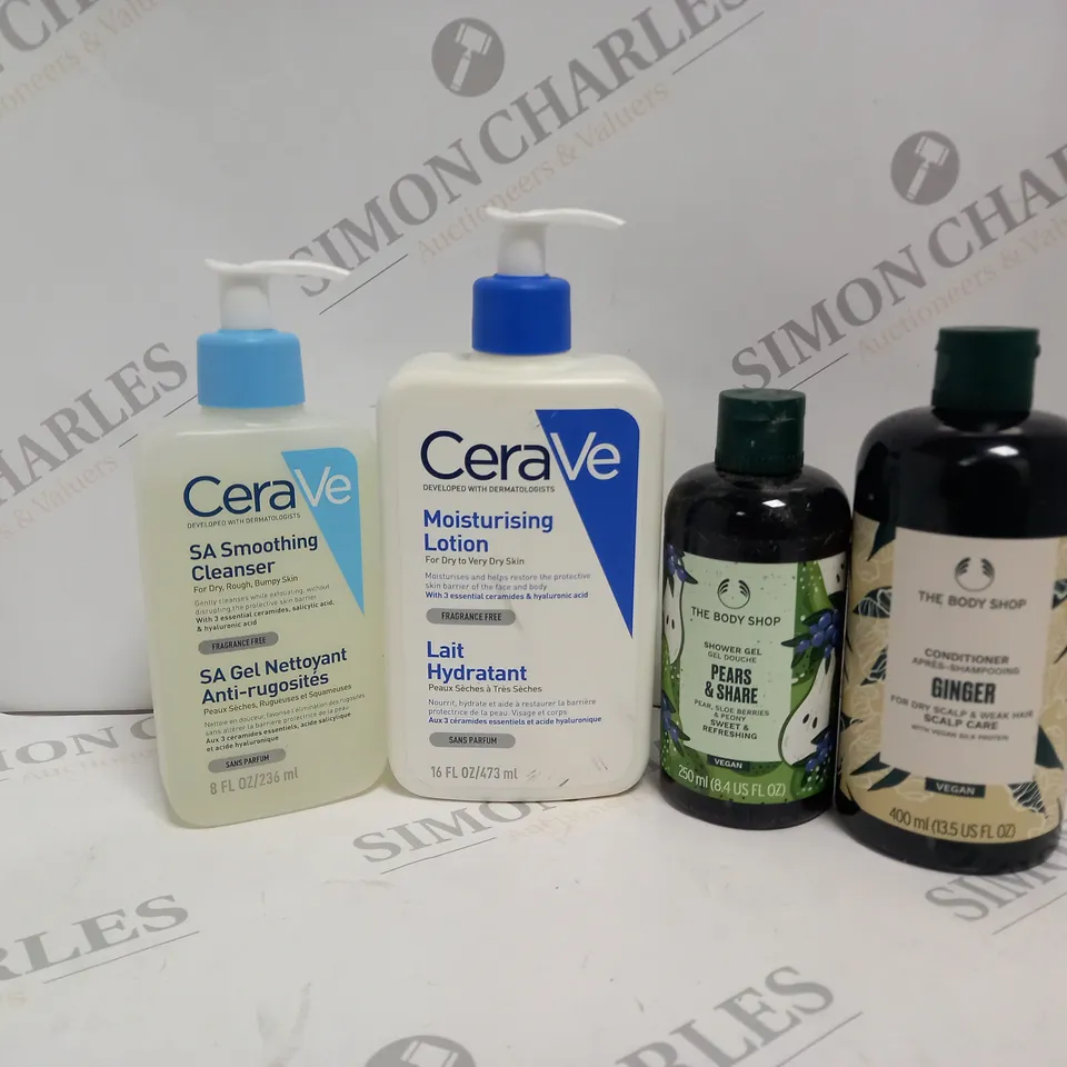 APPROXIMATELY 10 ASSORTED HEALTH AND BEAUTY PRODUCTS TO INCLUDE CERAVE SMOOTHING CLEANSER, CERAVE MOISTURISING LOTION, THE BODY SHOP SHOWER GEL, THE BODY SHOP CONDITIONER 