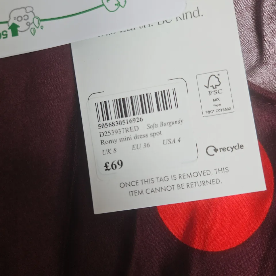NOBODY'S CHILD ROMY MINI DRESS SPOT – BURGUNDY WITH RED POLKA DOTS, UK 8