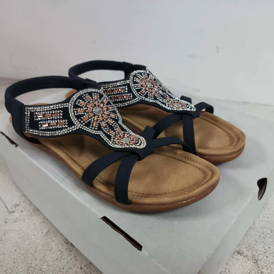 BOXED PAIR OF JO AND JOE WOMEN'S NAVY BEADED SANDALS –SIZE 7