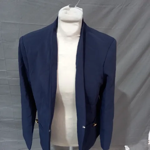 WALLIS PETITE COLLARLESS CUTTON DETAIL EDGE TO EDGE JACKET IN NAVY - SIZE 12