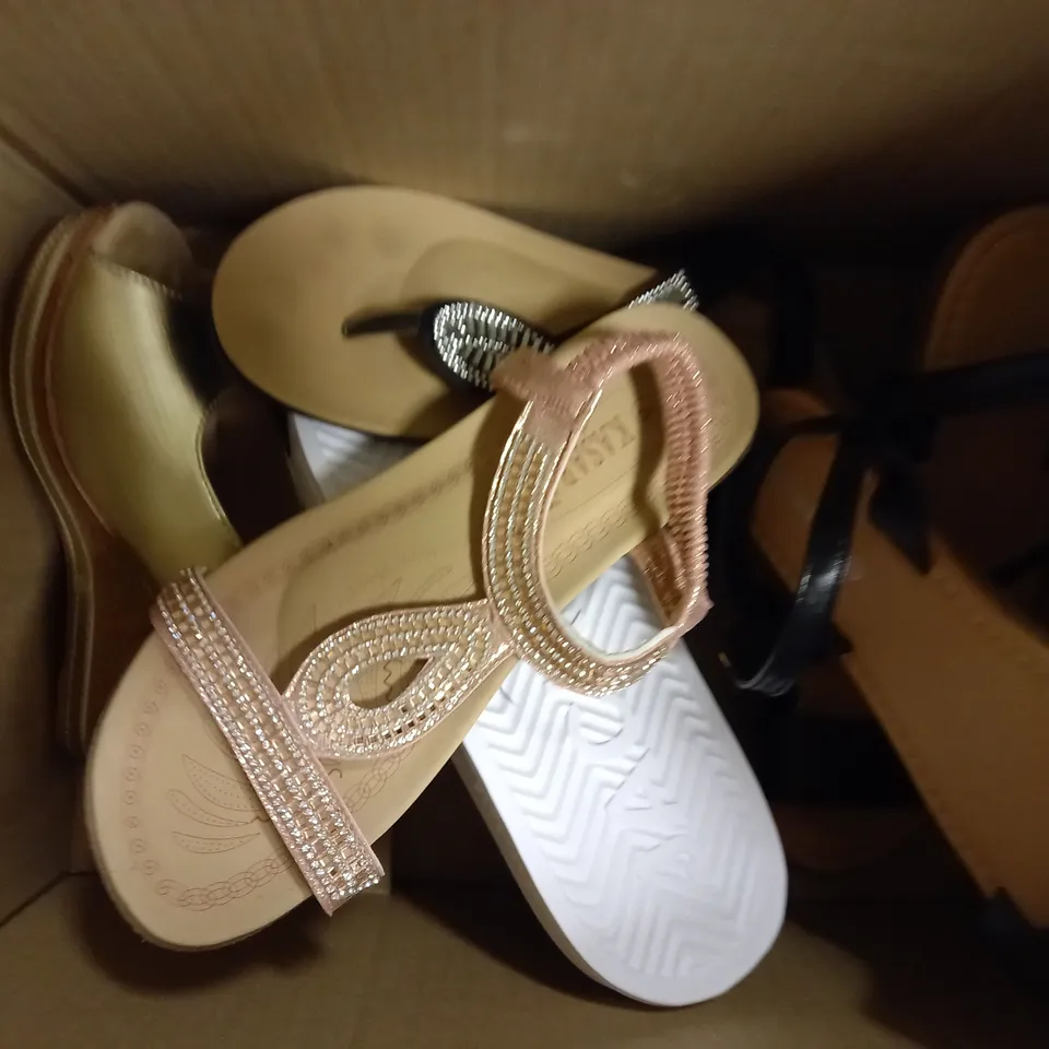 BOX OF APPROX 5 ASSORTED PAIRS OF SHOES IN VARIOUS STYLES AND SIZES 