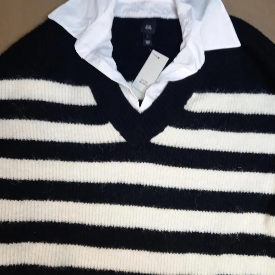 RIVER ISLAND COLLARED JUMPER IN BLACK/WHITE UK SIZE L