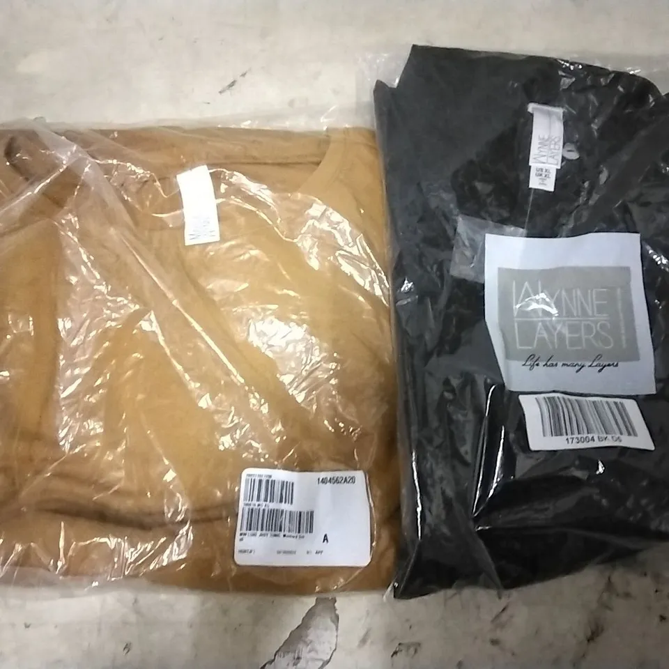 BOX OF APPROXIMATELY 26 ASSORTED CLOTHING ITEMS TO INCLUDE MARLENE WYNNE MUSTARD LUXURY JERSEY TUNIC SMALL, WYNEE LAYERS BLACK SILK BUTTON UP SHIRT XL