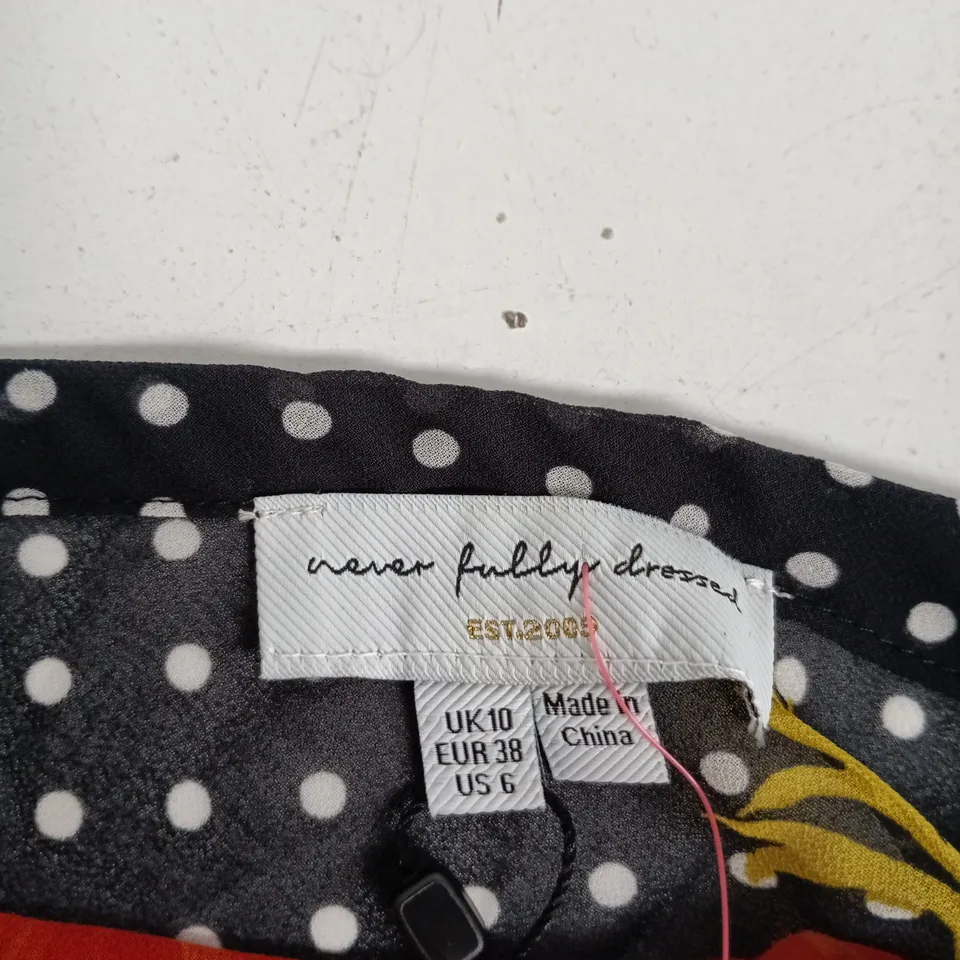 NEVER FULLY DRESSED SKIRT– BLACK POLKA DOT WITH RED FLORAL LACE TRIM, UK 10