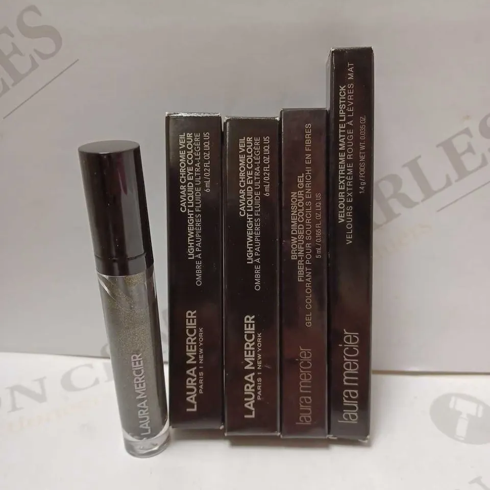 LOT OF 4 ASSORTED LAURA GELLER PRODUCTS TO INCLUDE BROW DIMENSION GEL - BLACK, VELOUR EXTREME MATTE LIPSTICK - BOSS, 2 X CAVIAR CHROME VEIL LIGHTWEIGHT FLUID EYE COLOUR - NIGHT SKY 