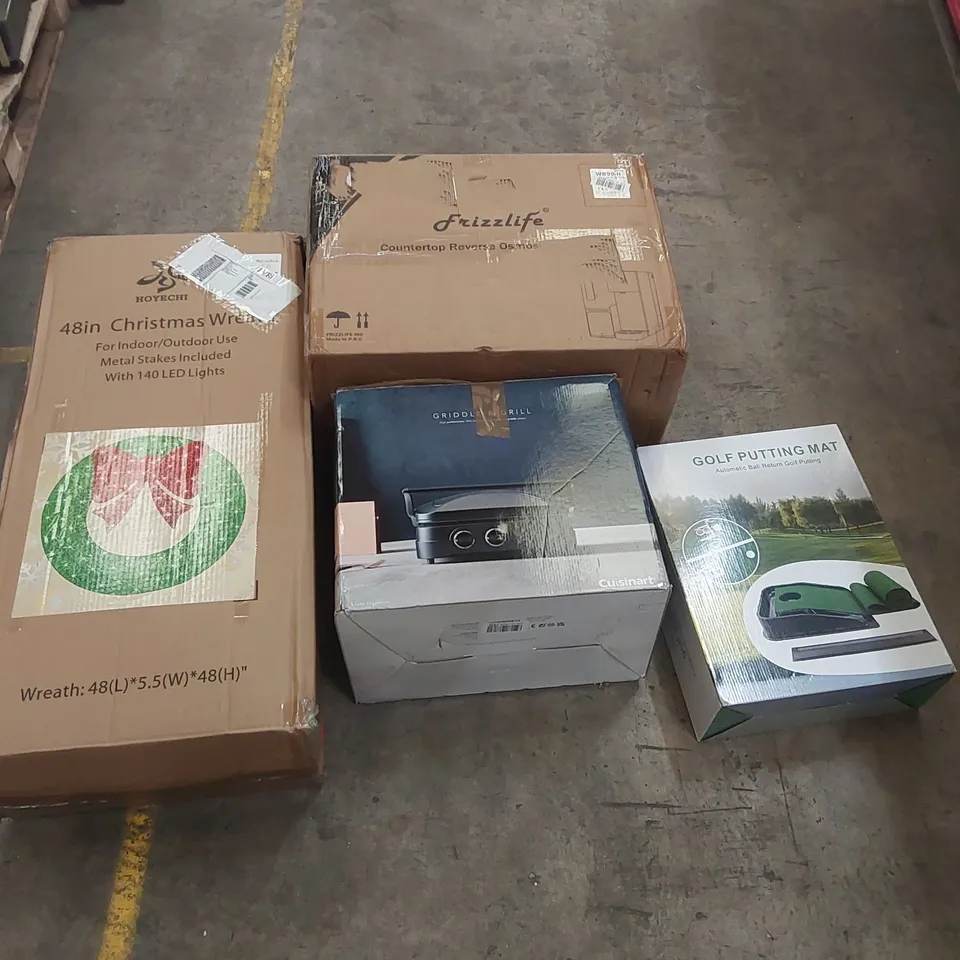 PALLET OF ASSORTED ITEMS INCLUDING: GRIDDLE & GRILL, COUNTERTOP REVERSE OSMOSIS SYSTEM, 48" CHRISTMAS WREATH, GOLF PUTTING MAT ECT