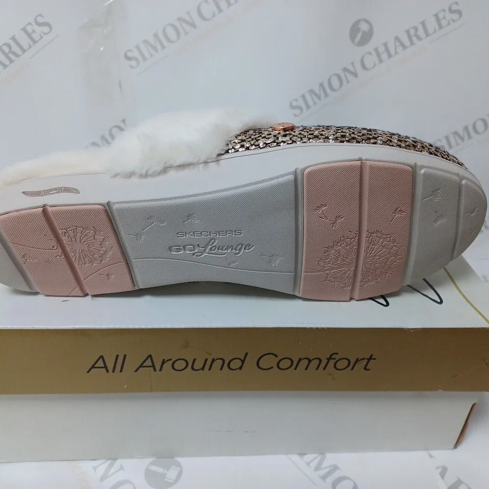 BOXED PAIR OF SKECHERS ARCH SLIPPERS, ROSE GOLD - SIZE 8