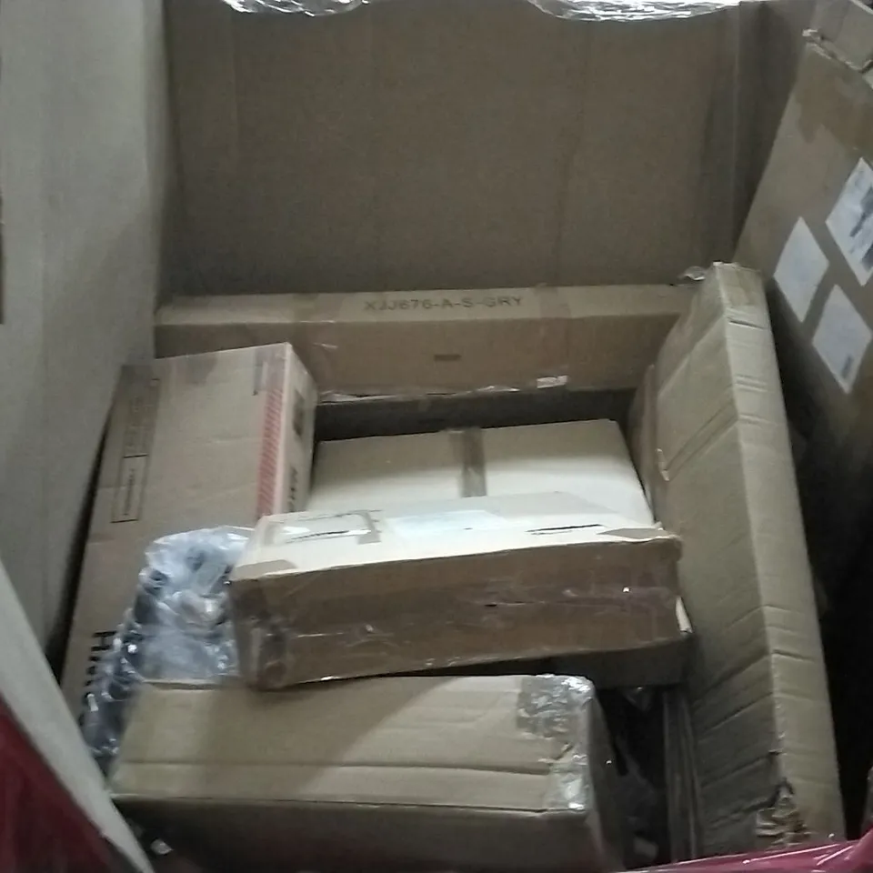 PALLET OF ASSORTED ITEMS TO INCLUDE: BED ASSOST RAIL, CHILDLIKE TIME TOY, TOWER SPACE HEATER, STANDING SHELF UNIT ETC