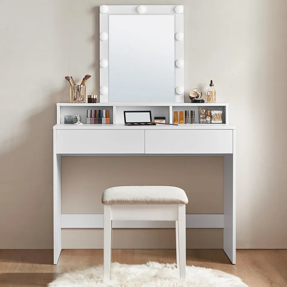 BOXED VASAGLE KAILYN COLLECTION DRESSING TABLE, LARGE LED MIRROR WITH ADJUSTABLE BRIGHTNESS - WHITE