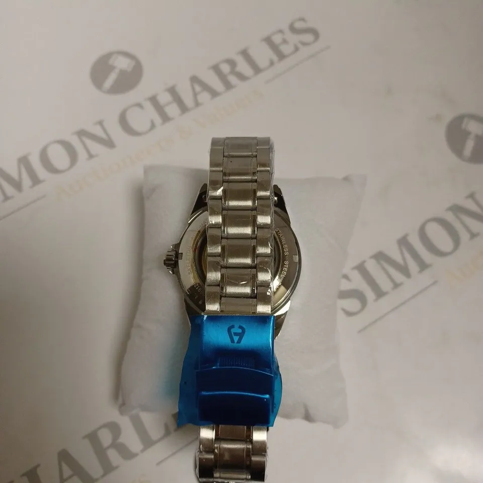 BOXED ANTHONY JAMES GENTS LIMITED EDITION SKELETON AUTOMATIC  STAINLESS STEEL WATCH - SILVER