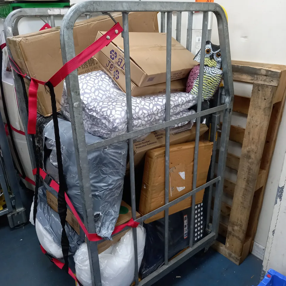 CAGE OF ASSORTED HOUSEHOLD ITEMS TO INCLUDE STEP-UP LADDER, BLUE VEST CARRIERS, STAINLESS STEEL LARGE BARBECUE GRILL, AND POLTI VAPORETTO CLEANER ETC.  