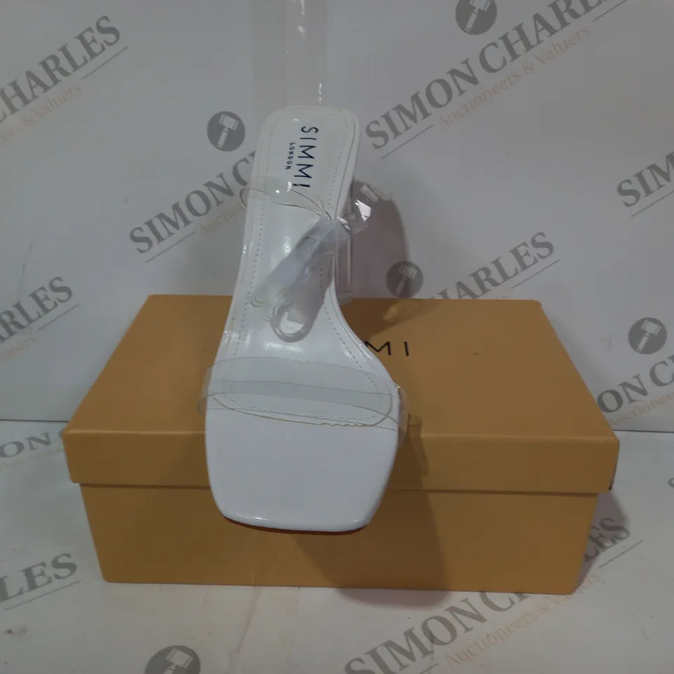 BOXED PAIR OF SIMMI LONDON OPEN TOE CLEAR STRAP AND HIGH HEEL SANDALS IN WHITE SIZE 6