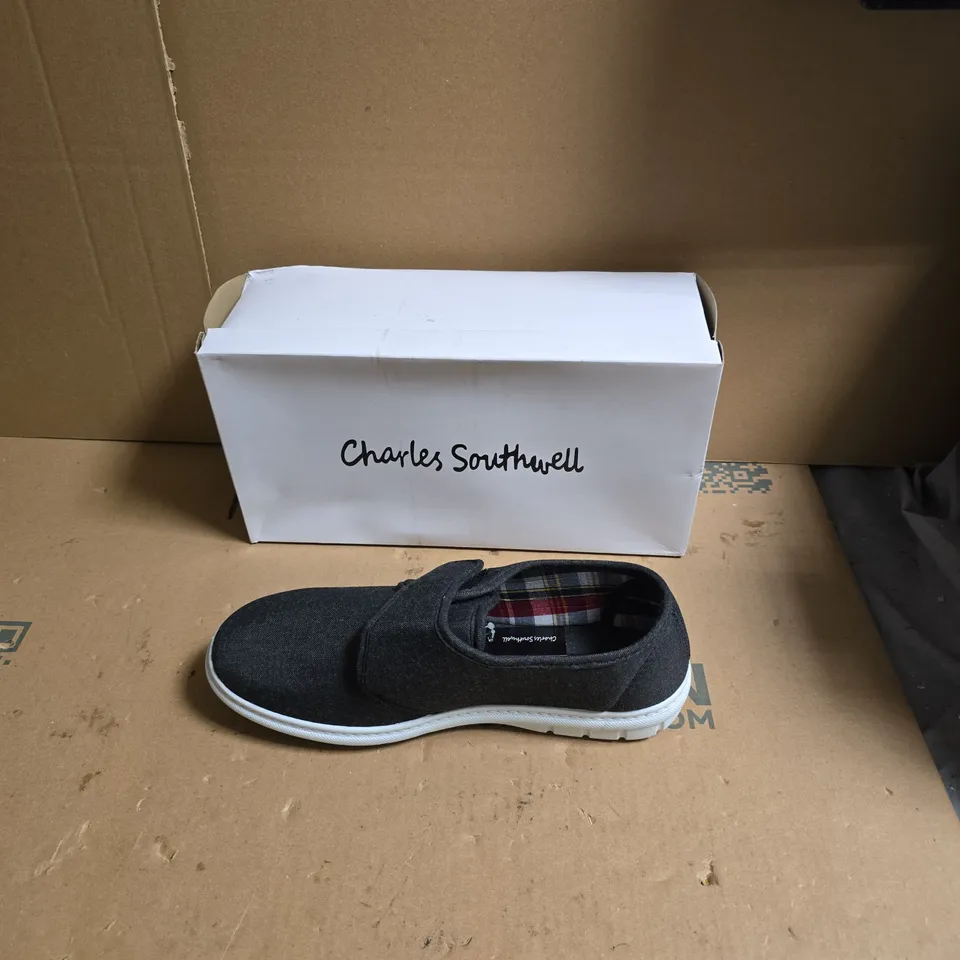 CHARLES SOUTHWELL CHARCOAL SLIP-ON SHOES – VELCRO, CASUAL CANVAS - UK SIZE 9