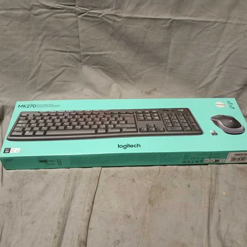 BOX OF APPROXIMATELY 25 LOGITECH MK270 WIRELESS KEYBOARD AND MOUSE COMBO, NON UK VERSION. BOXED