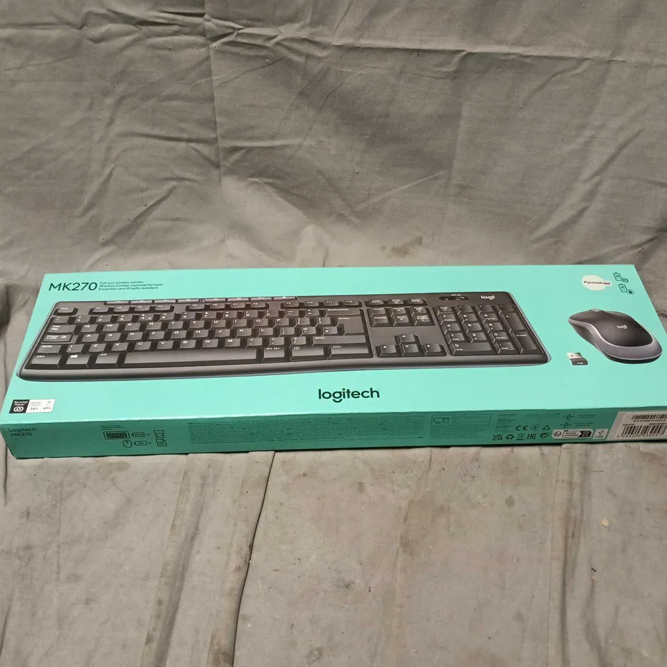 BOX OF APPROXIMATELY 25 LOGITECH MK270 WIRELESS KEYBOARD AND MOUSE COMBO, NON UK VERSION. BOXED