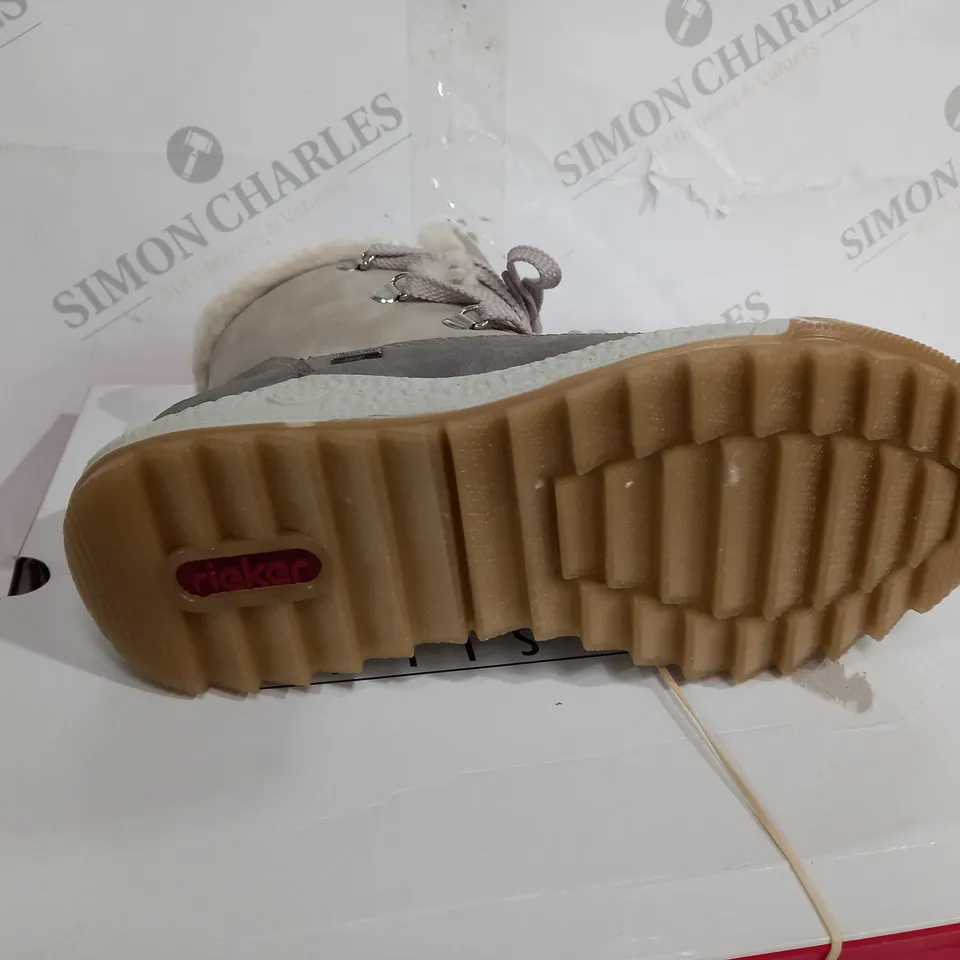 BOXED PAIR OF RIEKER ANTISTRESS WARM HIKING BOOTS, CREAM - SIZE 6